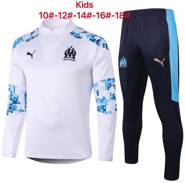 Kids Olympique Marseille White Blue Sweat Shirt Training Kits with Pants 2020/21